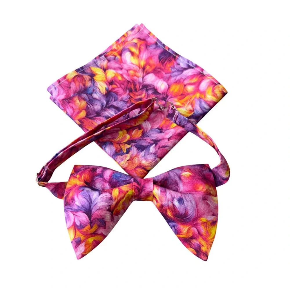 Abstract Floral Bow‎ Tie and Pocket Square Set Purple Pink Orange Formal